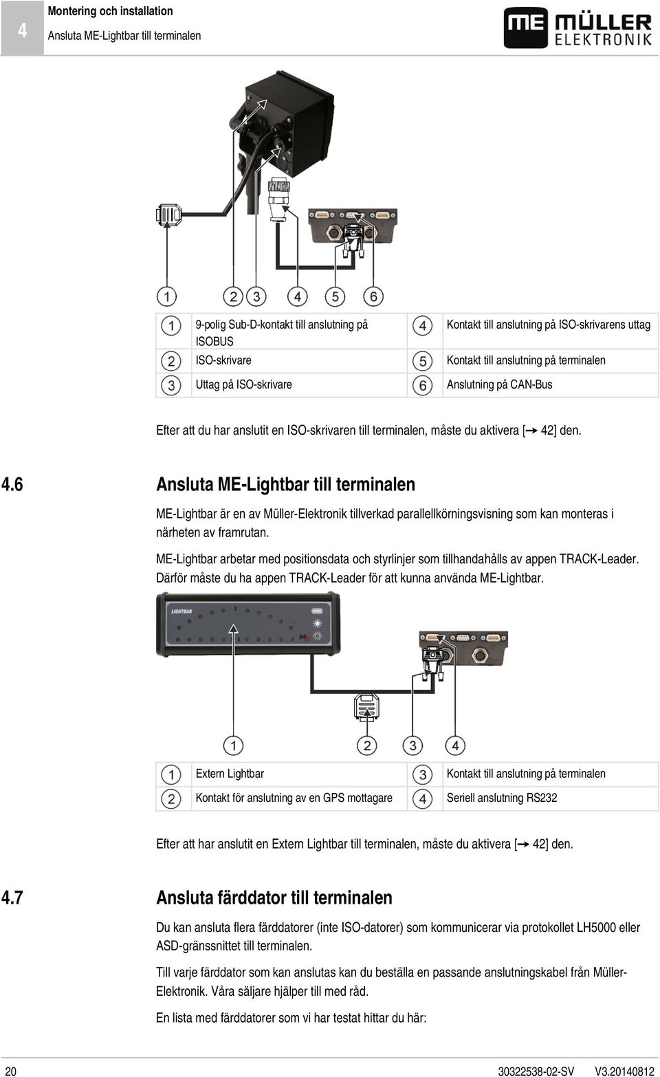 ] den. 4.6 Ansluta ME-Lightbar till terminalen ME-Lightbar är en av Müller-Elektronik tillverkad parallellkörningsvisning som kan monteras i närheten av framrutan.