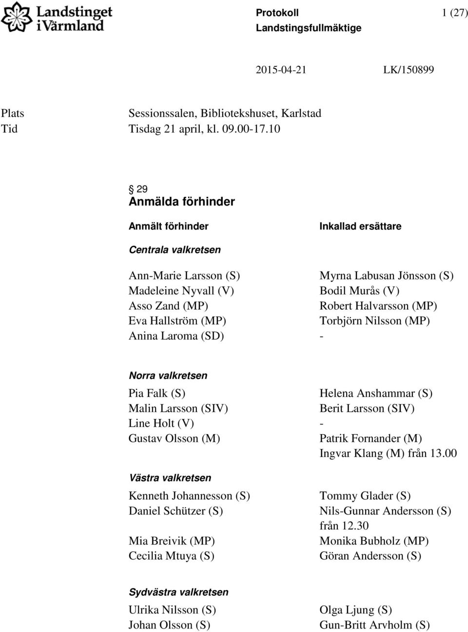 (MP) Eva Hallström (MP) Torbjörn Nilsson (MP) Anina Laroma (SD) - Norra valkretsen Pia Falk (S) Helena Anshammar (S) Malin Larsson (SIV) Berit Larsson (SIV) Line Holt (V) - Gustav Olsson (M) Patrik