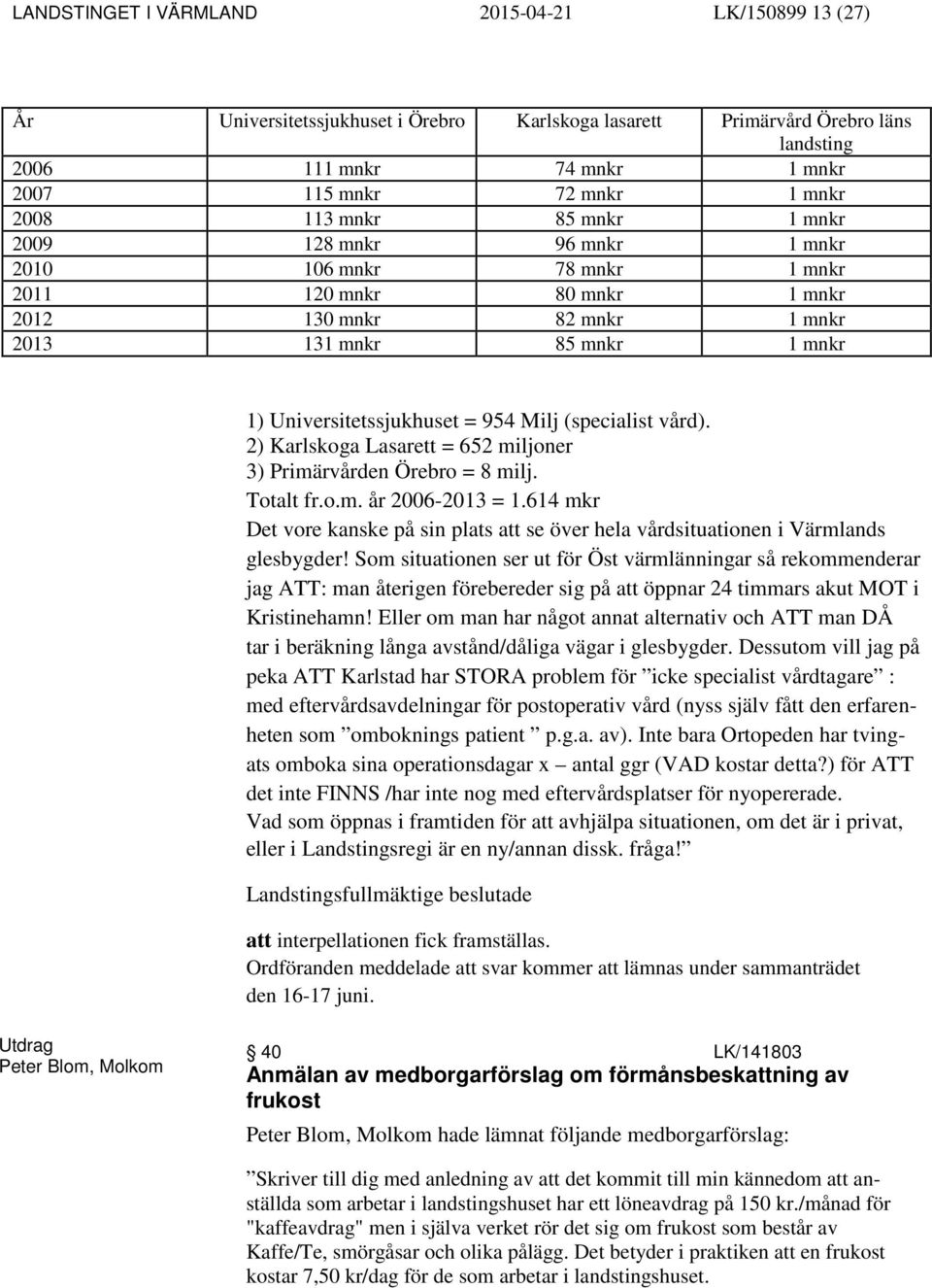 = 954 Milj (specialist vård). 2) Karlskoga Lasarett = 652 miljoner 3) Primärvården Örebro = 8 milj. Totalt fr.o.m. år 2006-2013 = 1.