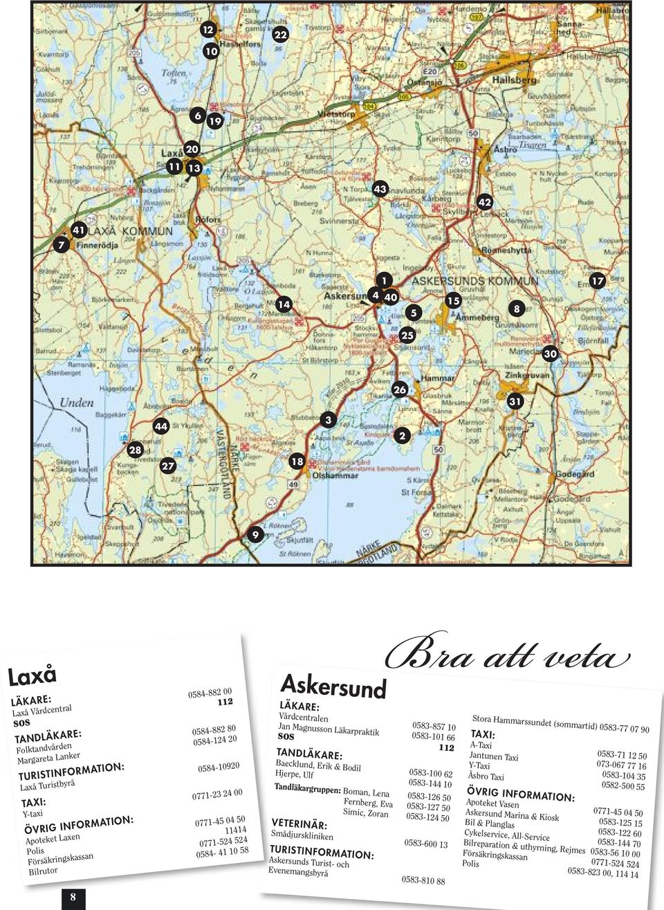 LÄKARE: Vårdcentralen 0583-857 10 Jan Magnusson Läkarpraktik 0583-101 66 SOS 112 TANDLÄKARE: Baecklund, Erik & Bodil 0583-100 62 Hjerpe, Ulf 0583-144 10 Tandläkargruppen: Boman, Lena 0583-126 50