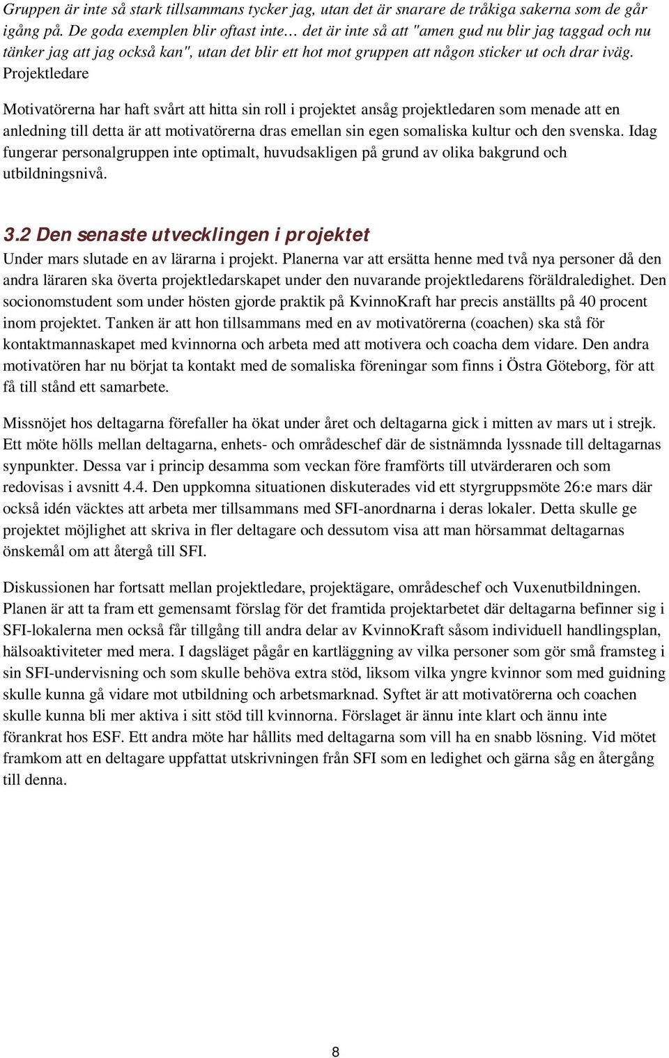 Projektledare Motivatörerna har haft svårt att hitta sin roll i projektet ansåg projektledaren som menade att en anledning till detta är att motivatörerna dras emellan sin egen somaliska kultur och