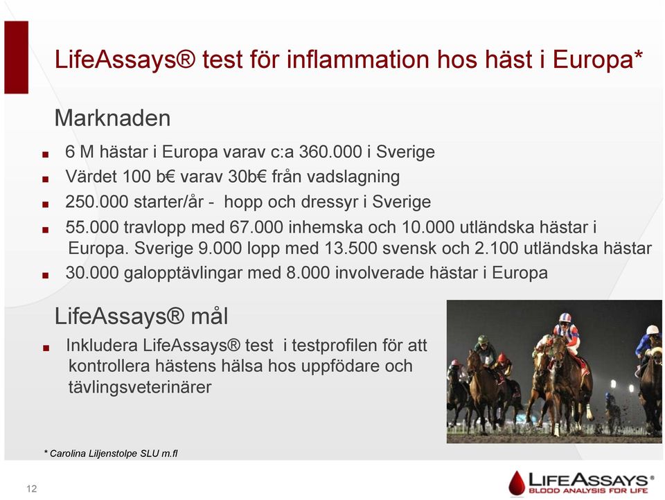 000 inhemska och 10.000 utländska hästar i Europa. Sverige 9.000 lopp med 13.500 svensk och 2.100 utländska hästar " 30.