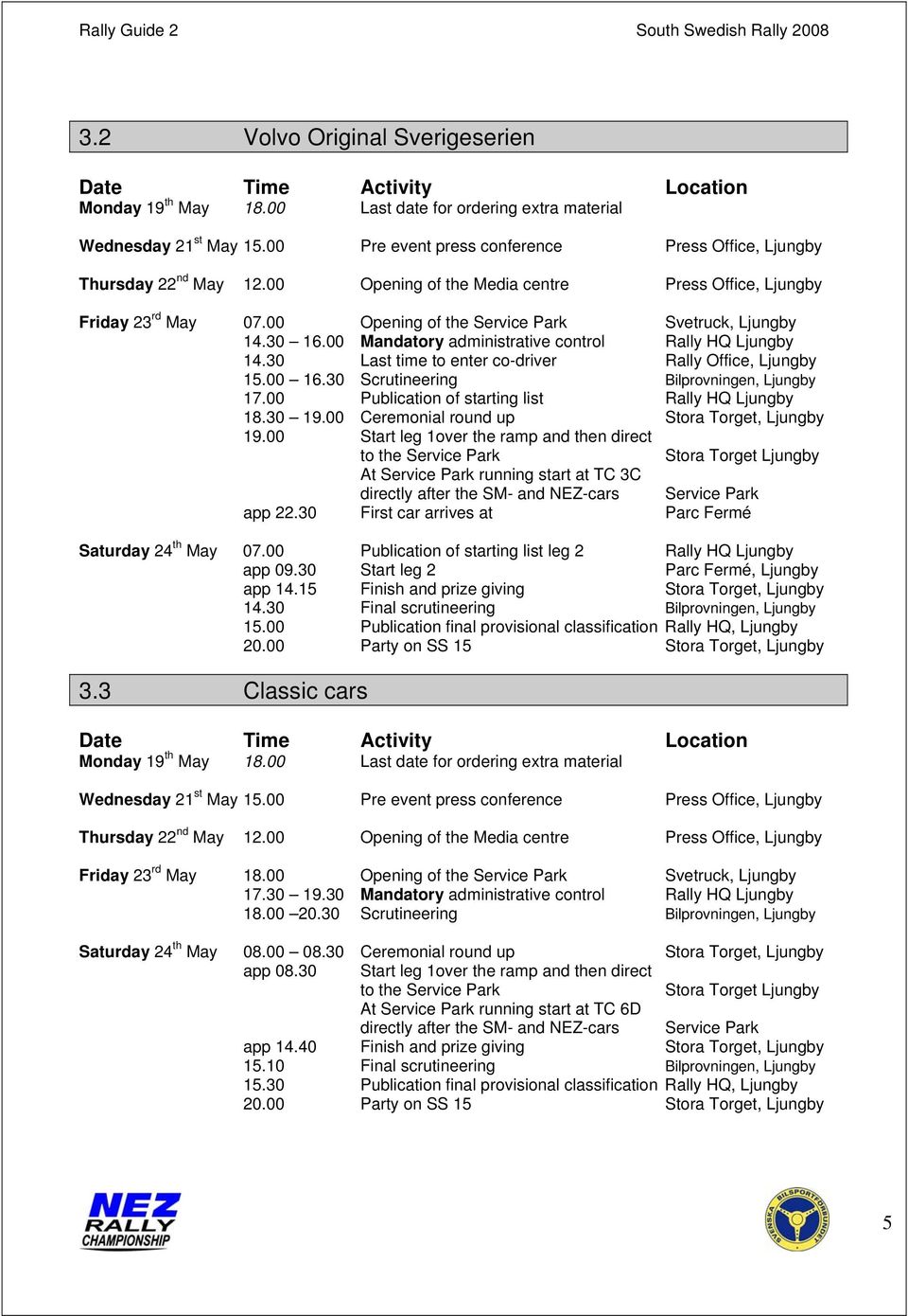 30 16.00 Mandatory administrative control Rally HQ Ljungby 14.30 Last time to enter co-driver Rally Office, Ljungby 15.00 16.30 Scrutineering Bilprovningen, Ljungby 17.