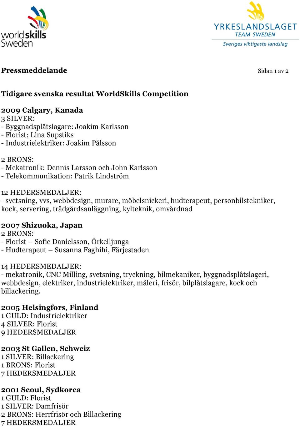 personbilstekniker, kock, servering, trädgårdsanläggning, kylteknik, omvårdnad 2007 Shizuoka, Japan 2 BRONS: - Florist Sofie Danielsson, Örkelljunga - Hudterapeut Susanna Faghihi, Färjestaden 14