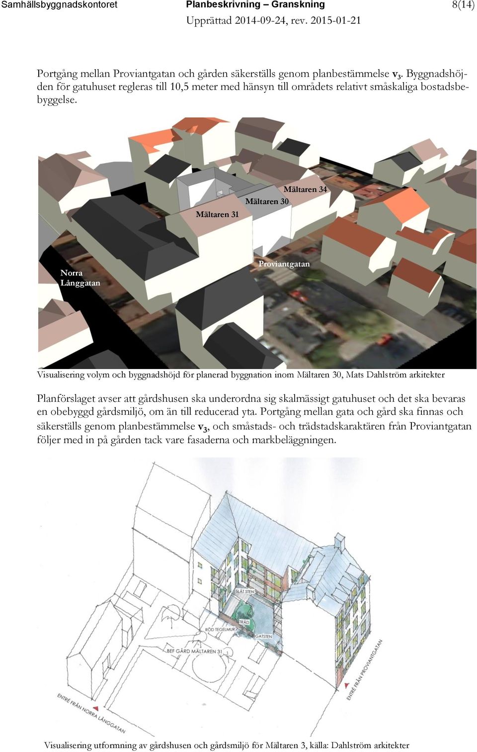 Mältaren 31 Mältaren 34 Mältaren 30 Norra Långgatan Proviantgatan Visualisering volym och byggnadshöjd för planerad byggnation inom Mältaren 30, Mats Dahlström arkitekter Planförslaget avser att