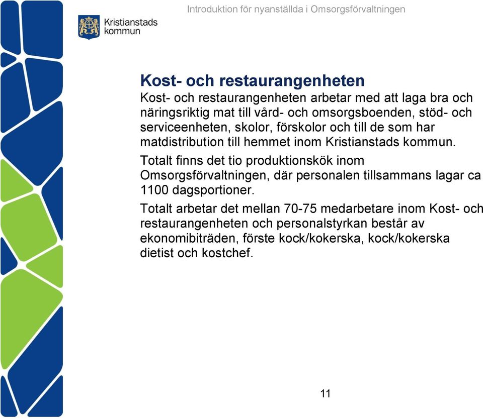 Totalt finns det tio produktionskök inom Omsorgsförvaltningen, där personalen tillsammans lagar ca 1100 dagsportioner.