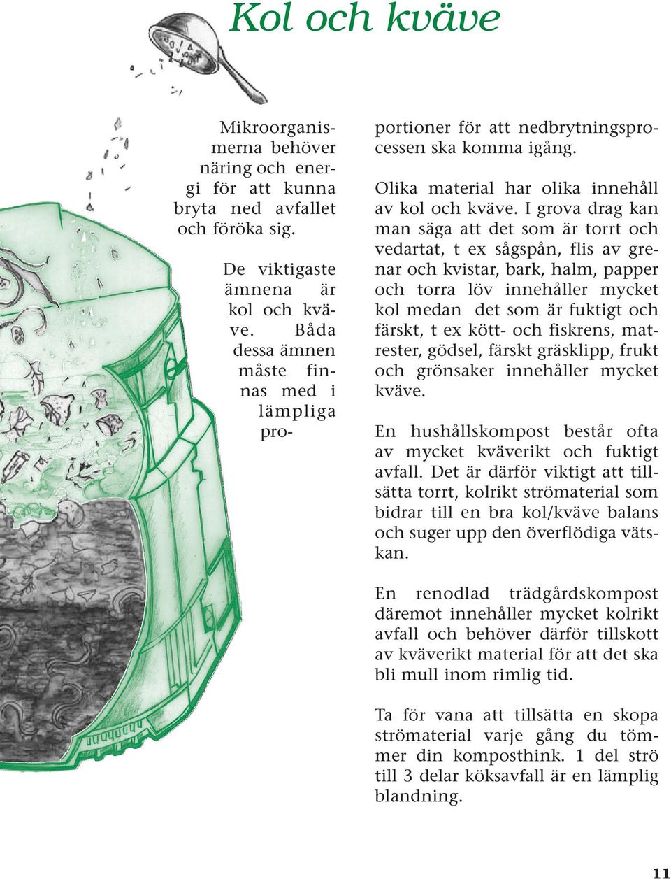 I grova drag kan man säga att det som är torrt och vedartat, t ex sågspån, flis av grenar och kvistar, bark, halm, papper och torra löv innehåller mycket kol medan det som är fuktigt och färskt, t ex