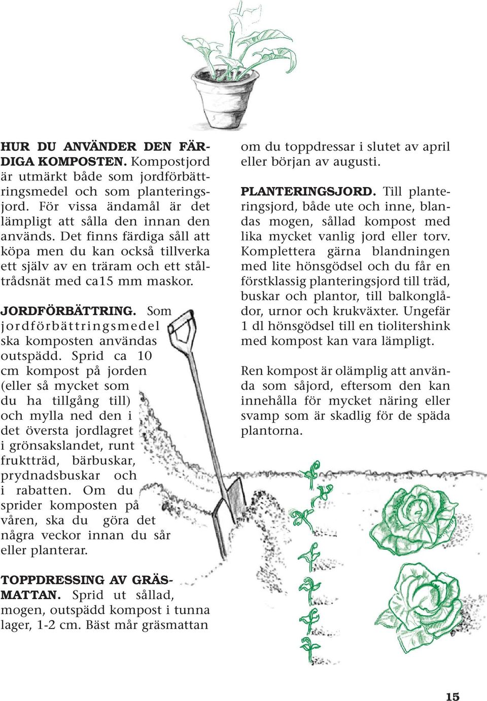 Sprid ca 10 cm kompost på jorden (eller så mycket som du ha tillgång till) och mylla ned den i det översta jordlagret i grönsakslandet, runt fruktträd, bärbuskar, prydnadsbuskar och i rabatten.