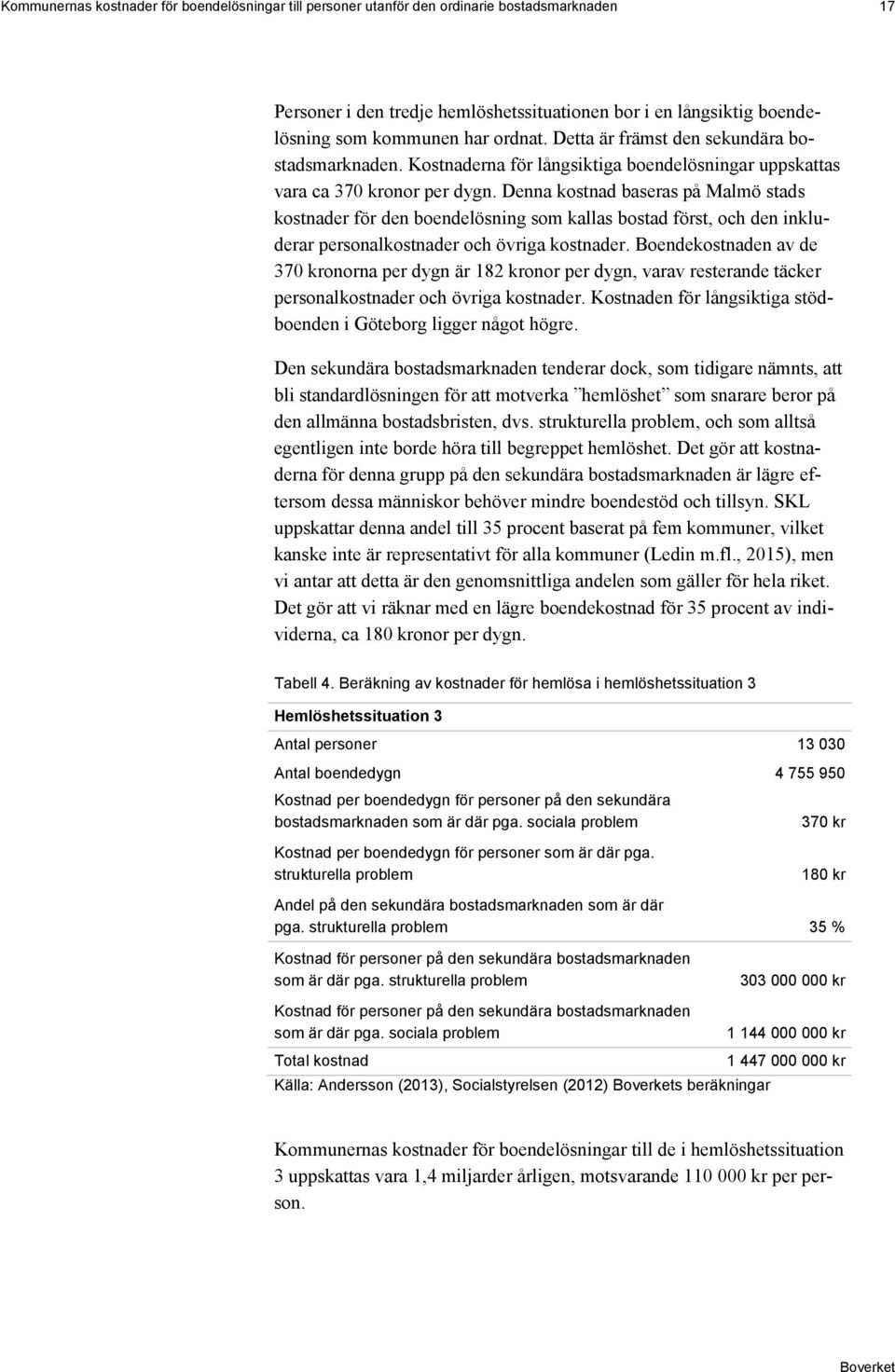 Denna kostnad baseras på Malmö stads kostnader för den boendelösning som kallas bostad först, och den inkluderar personalkostnader och övriga kostnader.