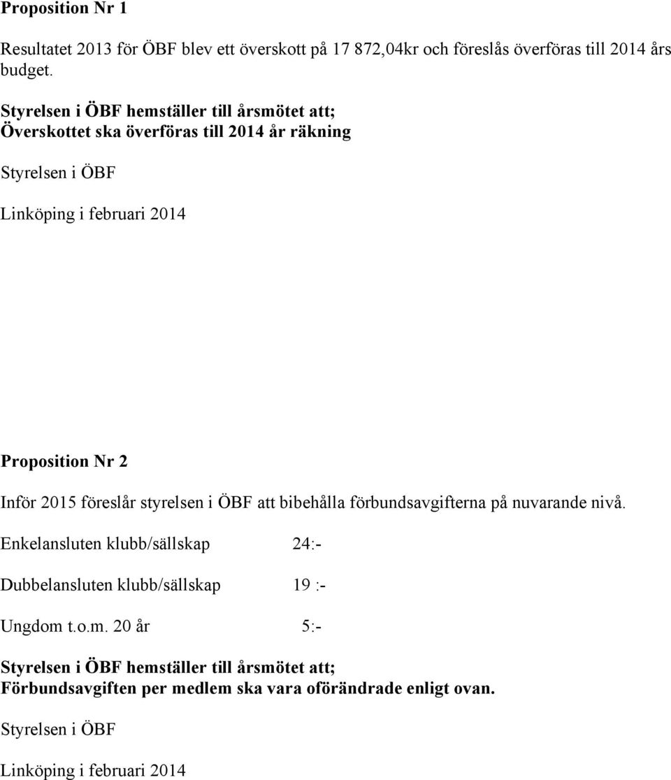 2 Inför 2015 föreslår styrelsen i ÖBF att bibehålla förbundsavgifterna på nuvarande nivå.