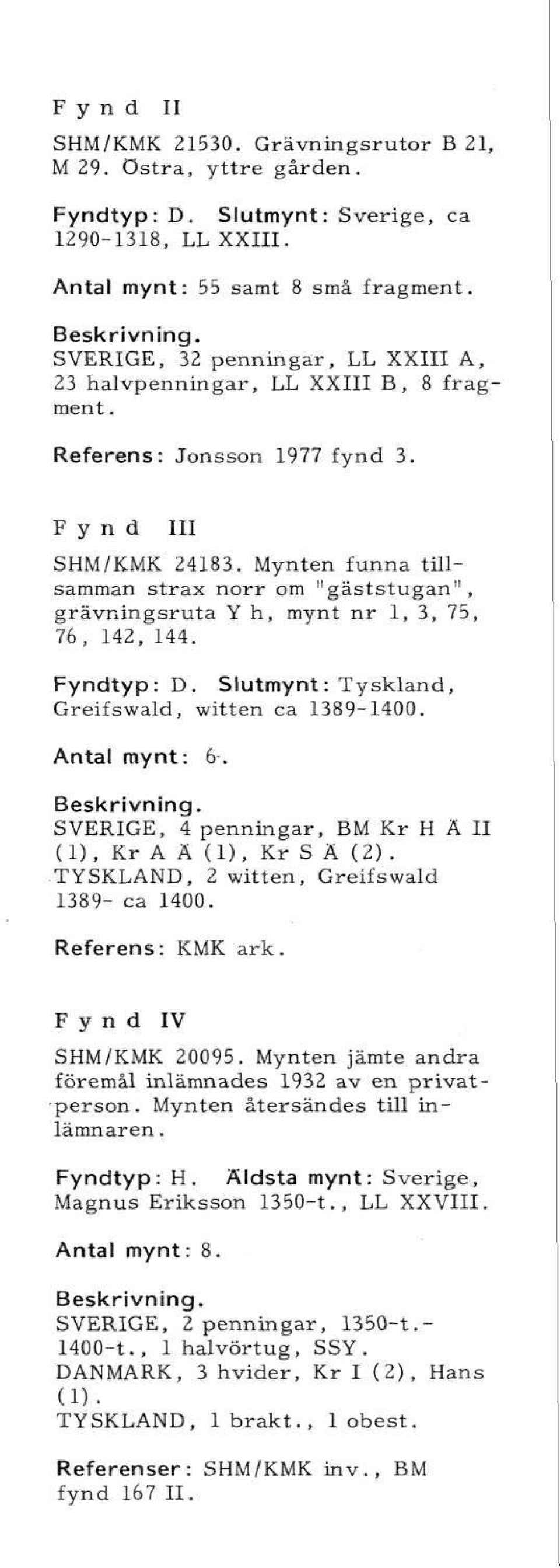 Mynten funna tillsamman strax norr om "gäststugan", grävningsruta Y h, mynt nr 1, 3, 75, 76, 142, 144. typ: D. Slutmynt: Tyskland, Greifswald, witten ca 1389-1400. Antal mynt: 6.