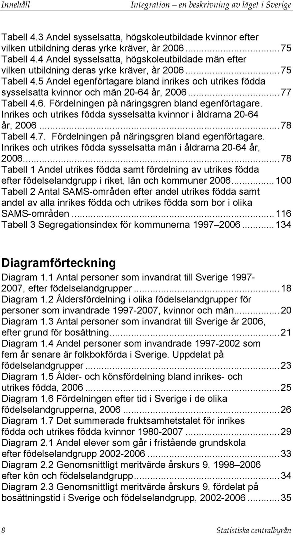 5 Andel egenförtagare bland inrikes och utrikes födda sysselsatta kvinnor och män 20-64 år, 2006... 77 Tabell 4.6. Fördelningen på näringsgren bland egenförtagare.