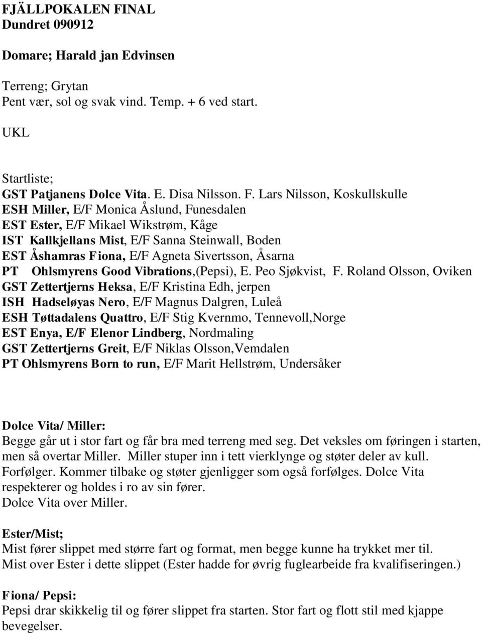 Lars Nilsson, Koskullskulle ESH Miller, E/F Monica Åslund, Funesdalen EST Ester, E/F Mikael Wikstrøm, Kåge IST Kallkjellans Mist, E/F Sanna Steinwall, Boden EST Åshamras Fiona, E/F Agneta Sivertsson,