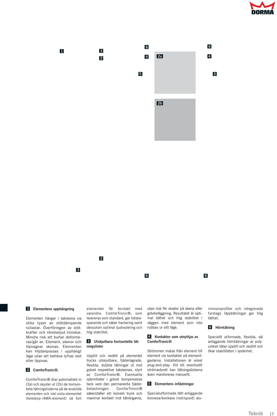 ComforTronic drar automatiskt in (2a) och skjuter ut (2b) de horisontella tätningslisterna på de enskilda elementen och inkl sista elementet (teleskop-/awa-element) så fort elementen får kontakt med