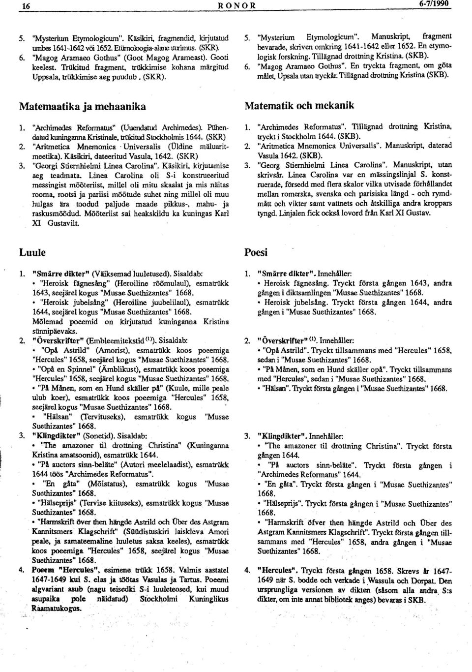 En etymologisk forskning. Tillägnad drottning Kristina. (SKB). 6. "Magog Aramaeo Gothus". En tryckta fragment, om göta målet, Upsala utan tryckår. Tillägnad drottning Kristina (SKB).