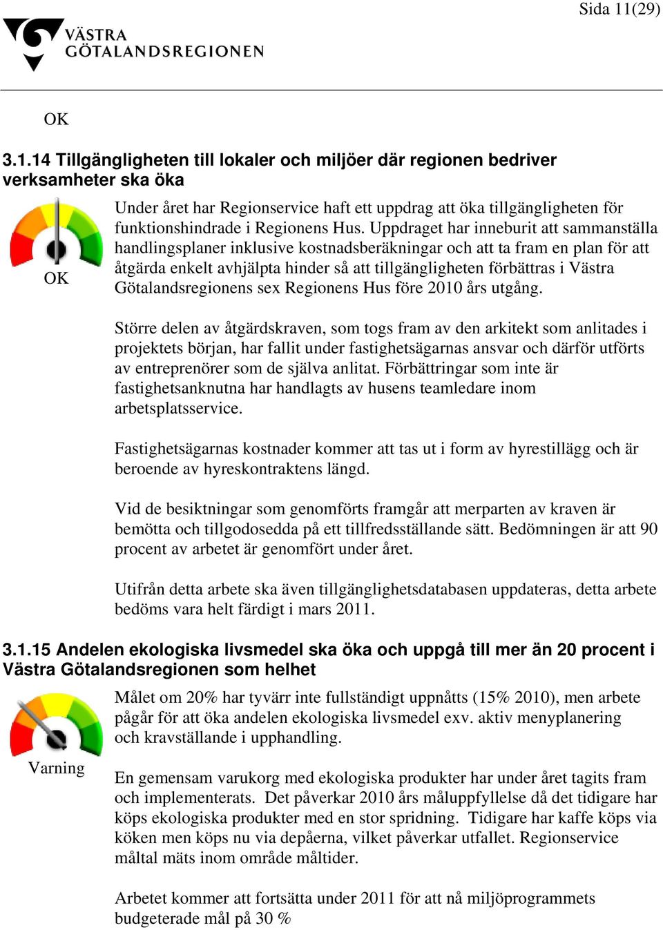 14 Tillgängligheten till lokaler och miljöer där regionen bedriver verksamheter ska öka OK Under året har Regionservice haft ett uppdrag att öka tillgängligheten för funktionshindrade i Regionens Hus.