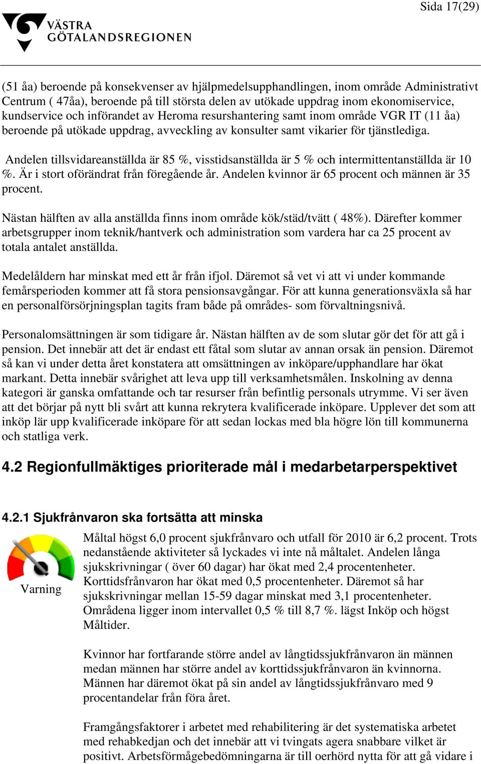 Andelen tillsvidareanställda är 85 %, visstidsanställda är 5 % och intermittentanställda är 10 %. Är i stort oförändrat från föregående år. Andelen kvinnor är 65 procent och männen är 35 procent.