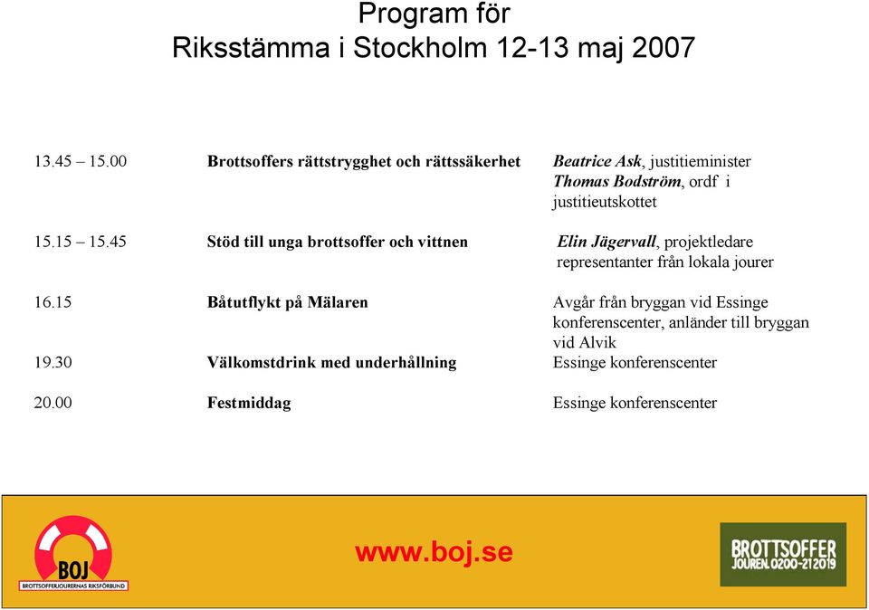 15 15.45 Stöd till unga brottsoffer och vittnen Elin Jägervall, projektledare representanter från lokala jourer 16.