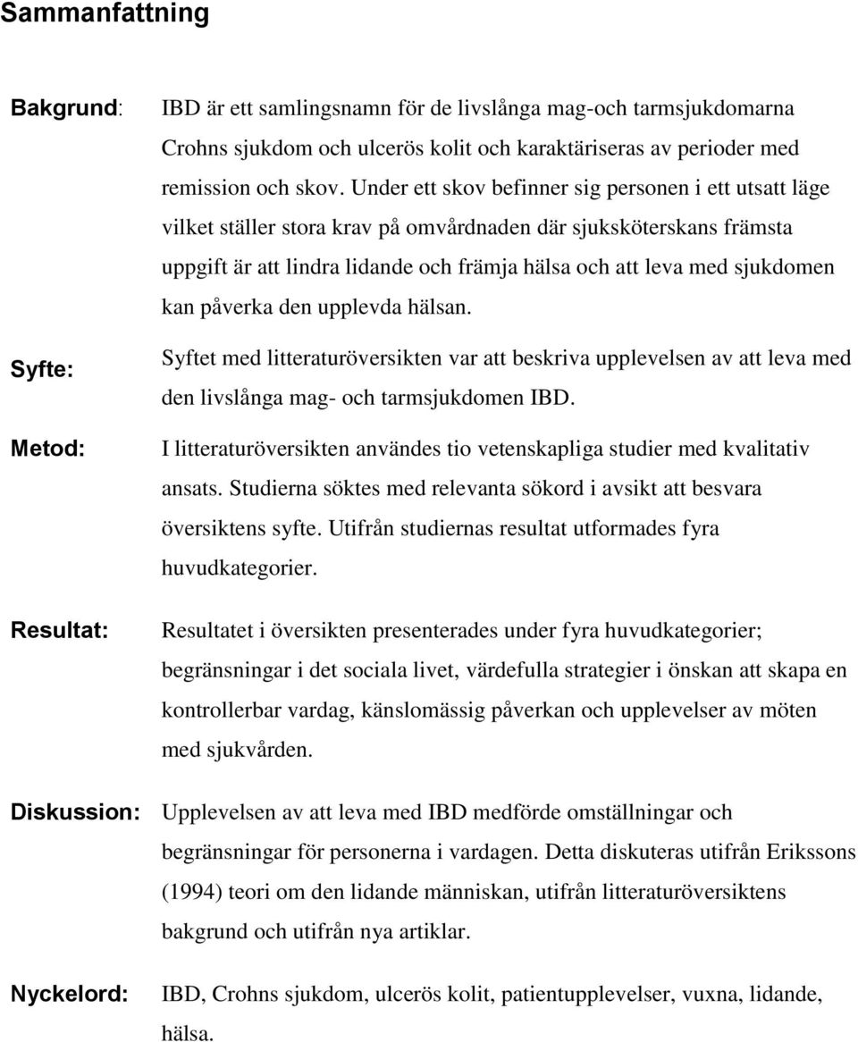 sjukdomen kan påverka den upplevda hälsan. Syftet med litteraturöversikten var att beskriva upplevelsen av att leva med den livslånga mag- och tarmsjukdomen IBD.