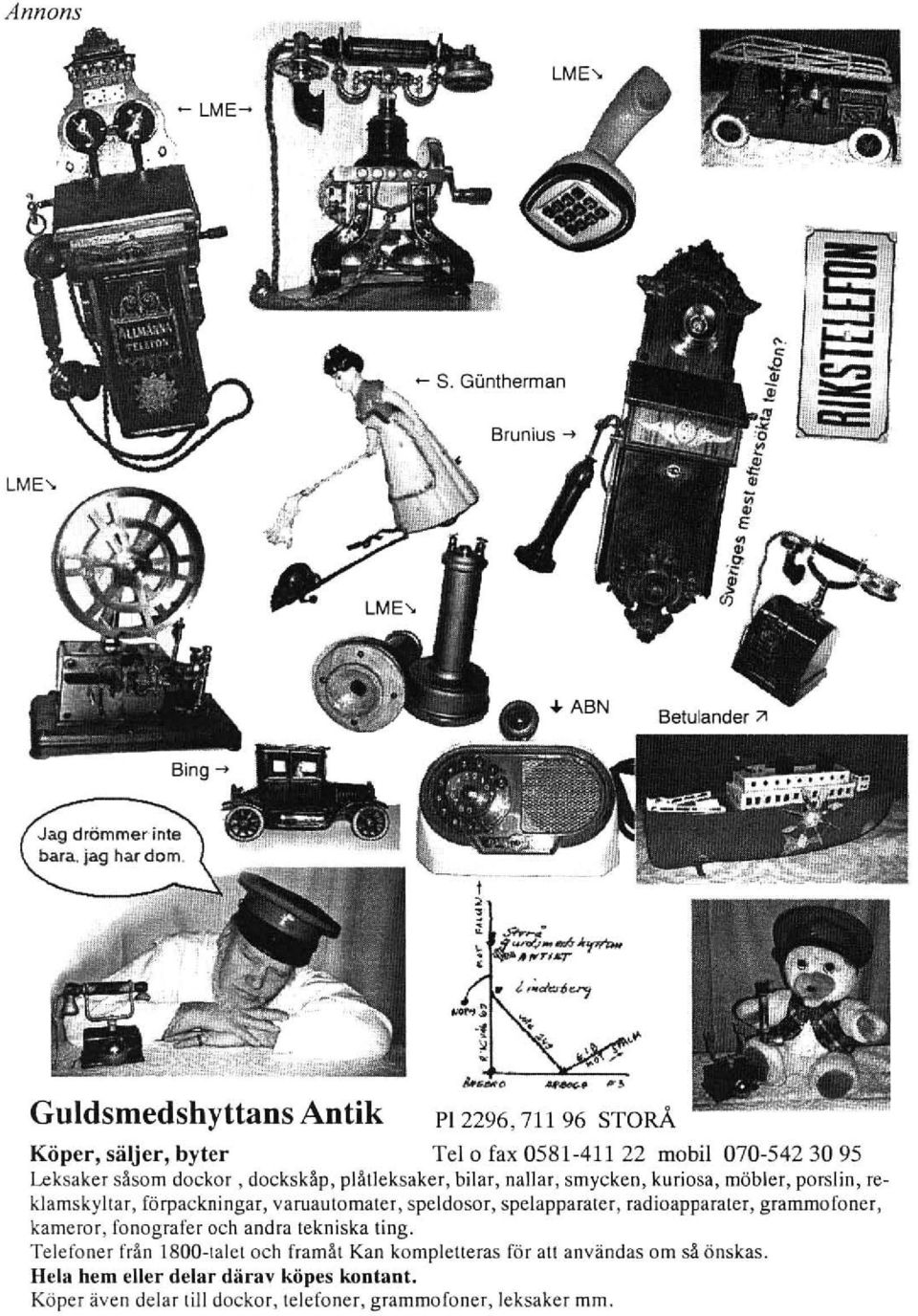 dockskäp, plätleksaker, bilar, nallar, smycken, kuriosa, möbler, porslin, rekjamskyltar, förpackningar, varuautomater, speldosor,