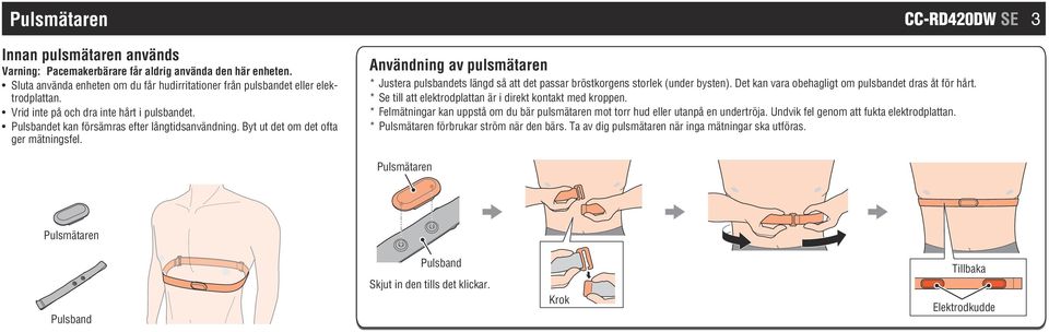 CC-RD420DW SE 3 Användning av pulsmätaren * Justera pulsbandets längd så att det passar bröstkorgens storlek (under bysten). Det kan vara obehagligt om pulsbandet dras åt för hårt.