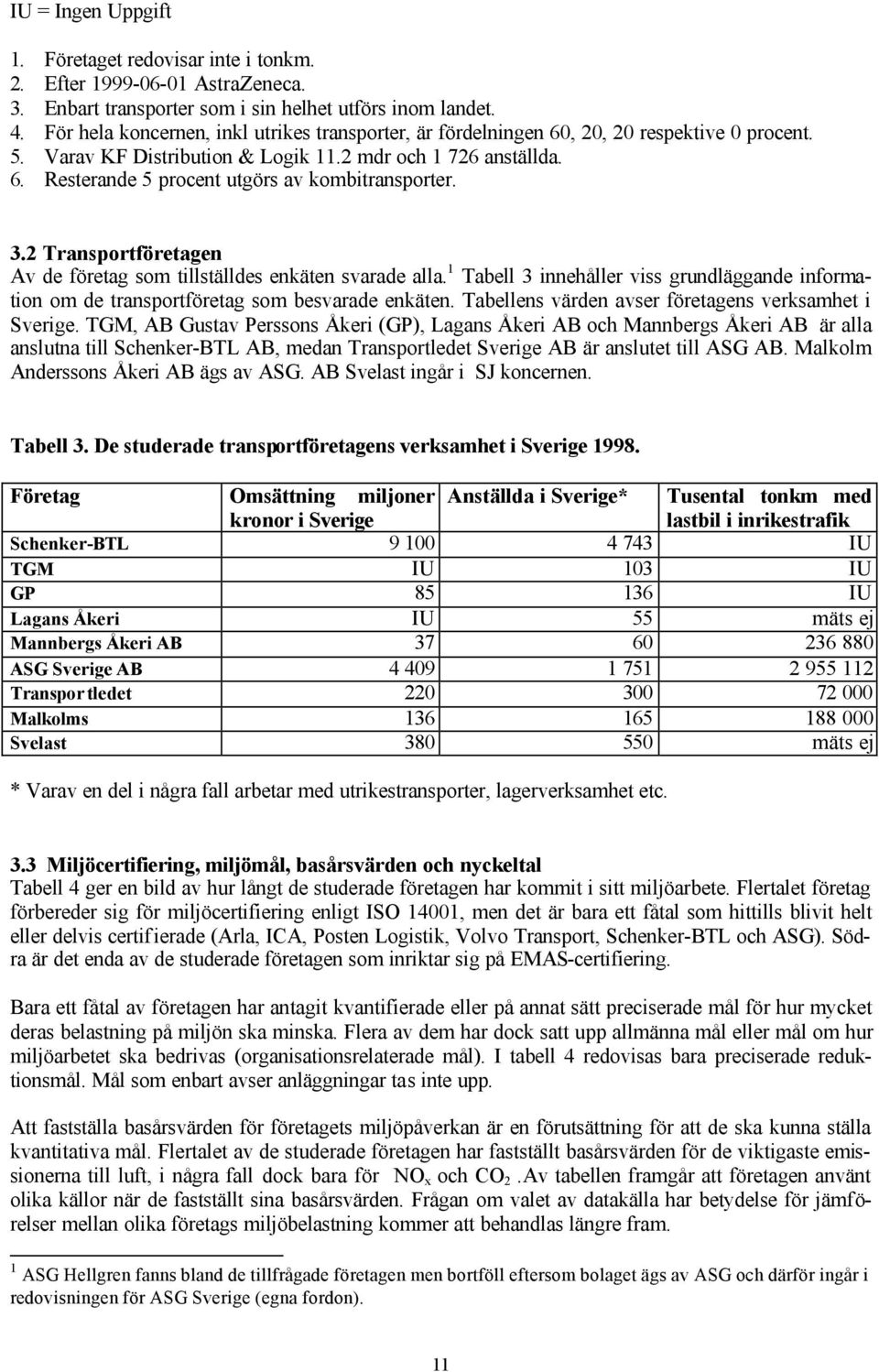 3.2 Transportföretagen Av de företag som tillställdes enkäten svarade alla. 1 Tabell 3 innehåller viss grundläggande information om de transportföretag som besvarade enkäten.