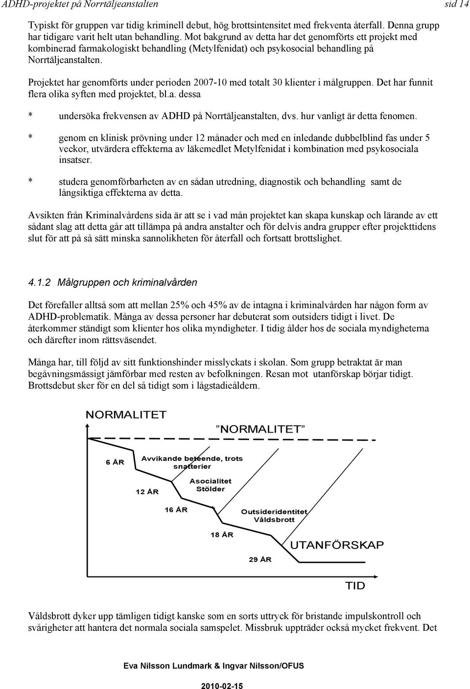 Projektet har genomförts under perioden 2007-10 med totalt 30 klienter i målgruppen. Det har funnit flera olika syften med projektet, bl.a. dessa * undersöka frekvensen av ADHD på Norrtäljeanstalten, dvs.