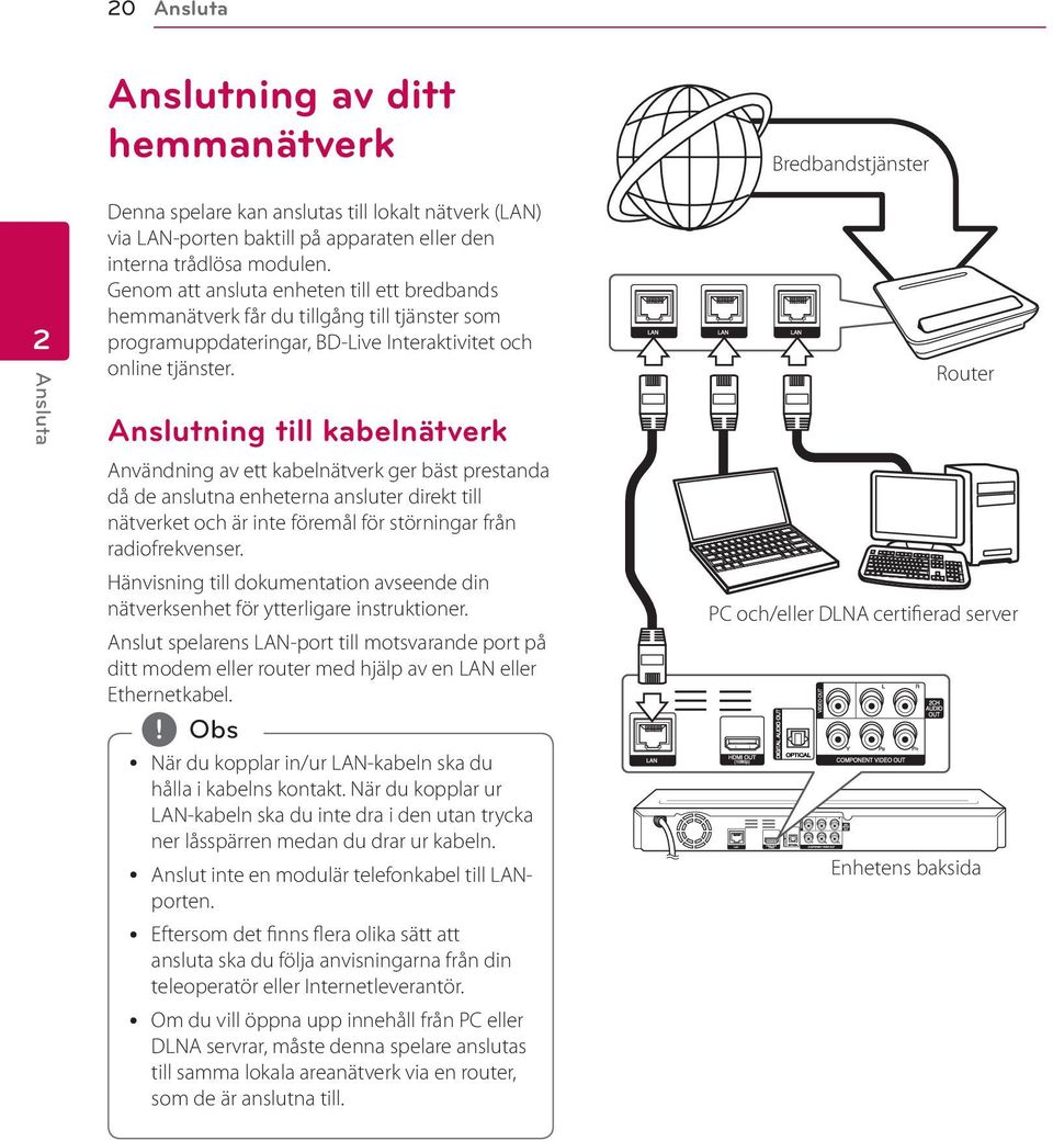 Anslutning till kabelnätverk Användning av ett kabelnätverk ger bäst prestanda då de anslutna enheterna ansluter direkt till nätverket och är inte föremål för störningar från radiofrekvenser.