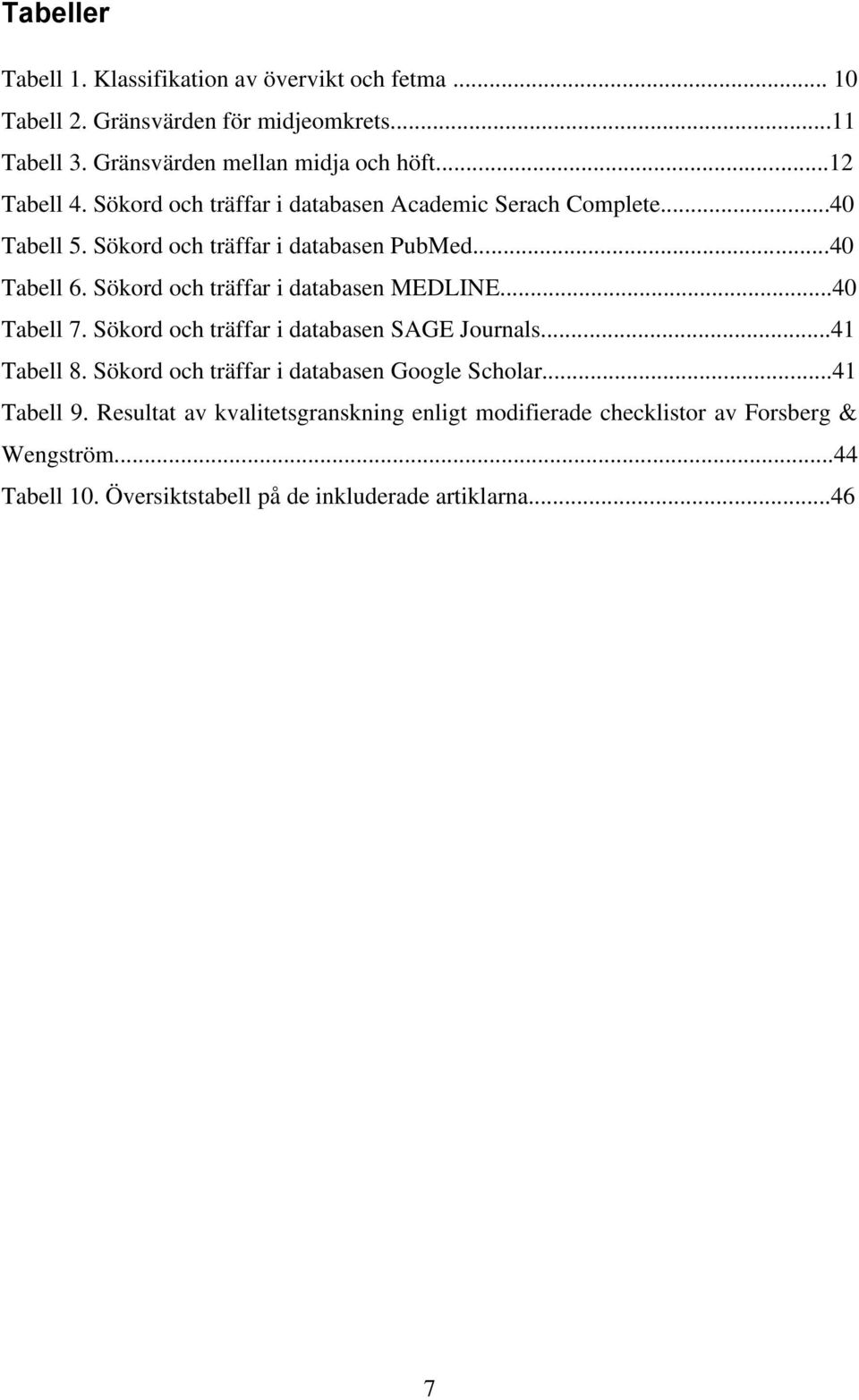 Sökord och träffar i databasen MEDLINE...40 Tabell 7. Sökord och träffar i databasen SAGE Journals...41 Tabell 8.