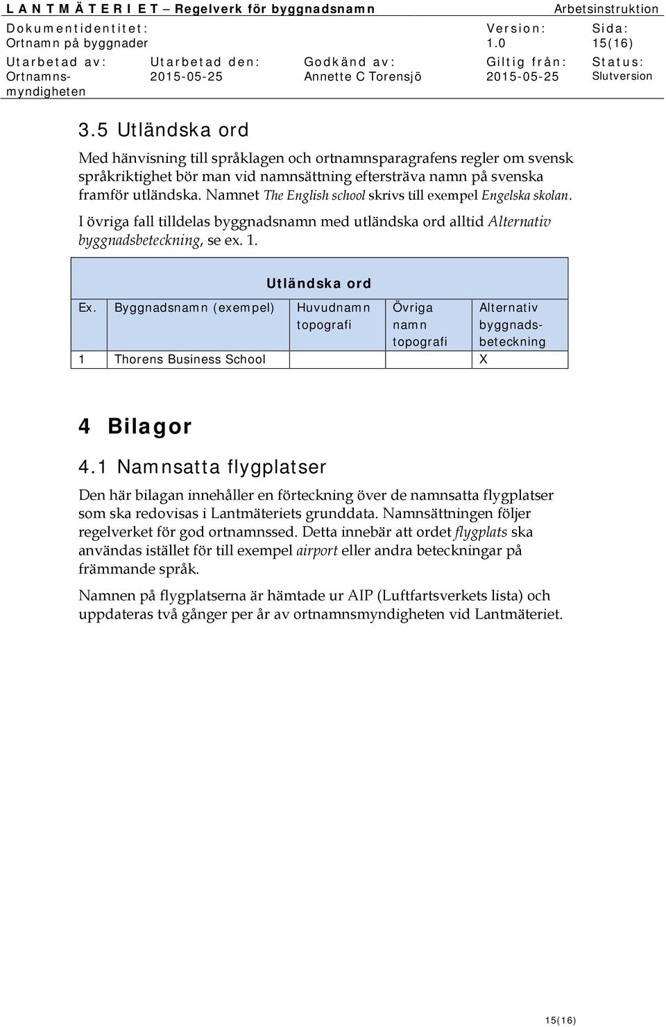 Namnet The English school skrivs till exempel Engelska skolan. I övriga fall tilldelas byggnads med utländska ord alltid, se ex. 1. Utländska ord 1 Thorens Business School 4 Bilagor 4.