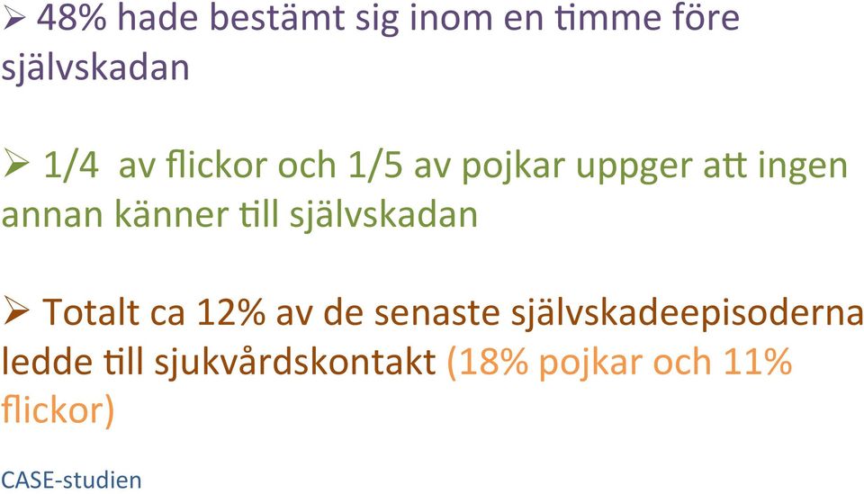 självskadan Ø Totalt ca 12% av de senaste självskadeepisoderna