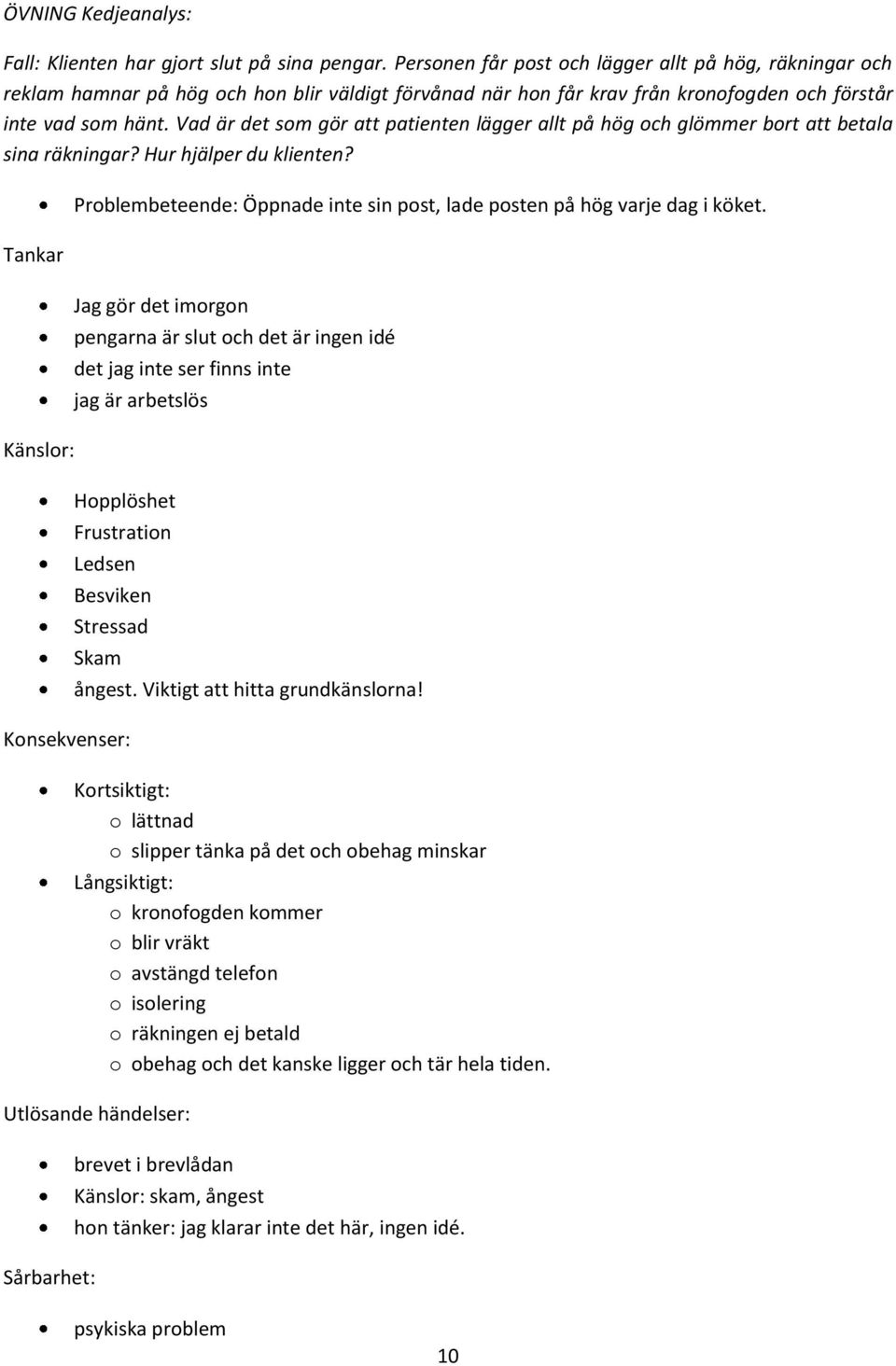 Vad är det som gör att patienten lägger allt på hög och glömmer bort att betala sina räkningar? Hur hjälper du klienten?