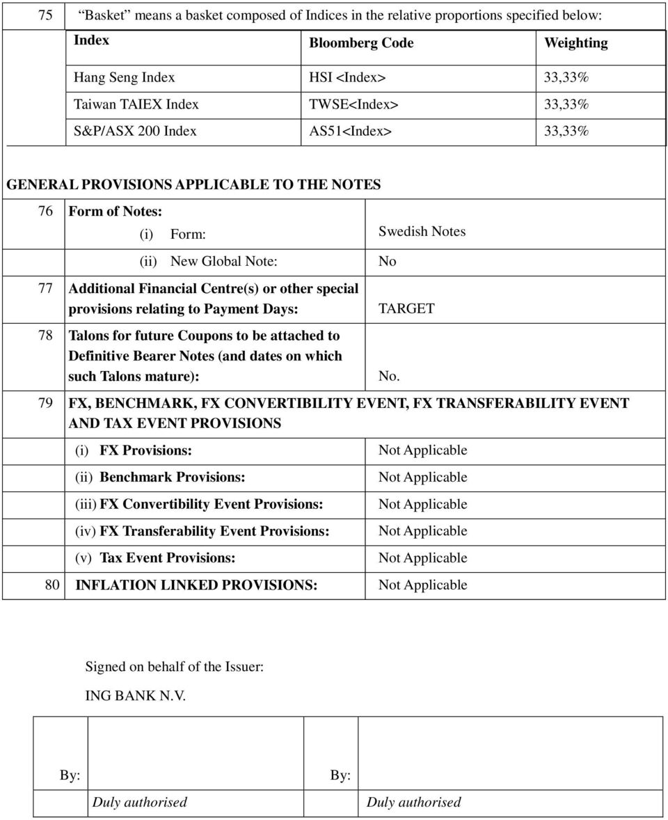 provisions relating to Payment Days: 78 Talons for future Coupons to be attached to Definitive Bearer Notes (and dates on which such Talons mature): No TARGET 79 FX, BENCHMARK, FX CONVERTIBILITY