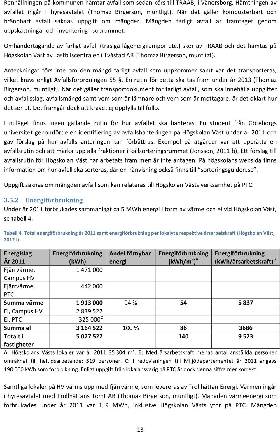 Omhändertagande av farligt avfall (trasiga lågenergilampor etc.) sker av TRAAB och det hämtas på Högskolan Väst av Lastbilscentralen i Tvåstad AB (Thomaz Birgerson, muntligt).