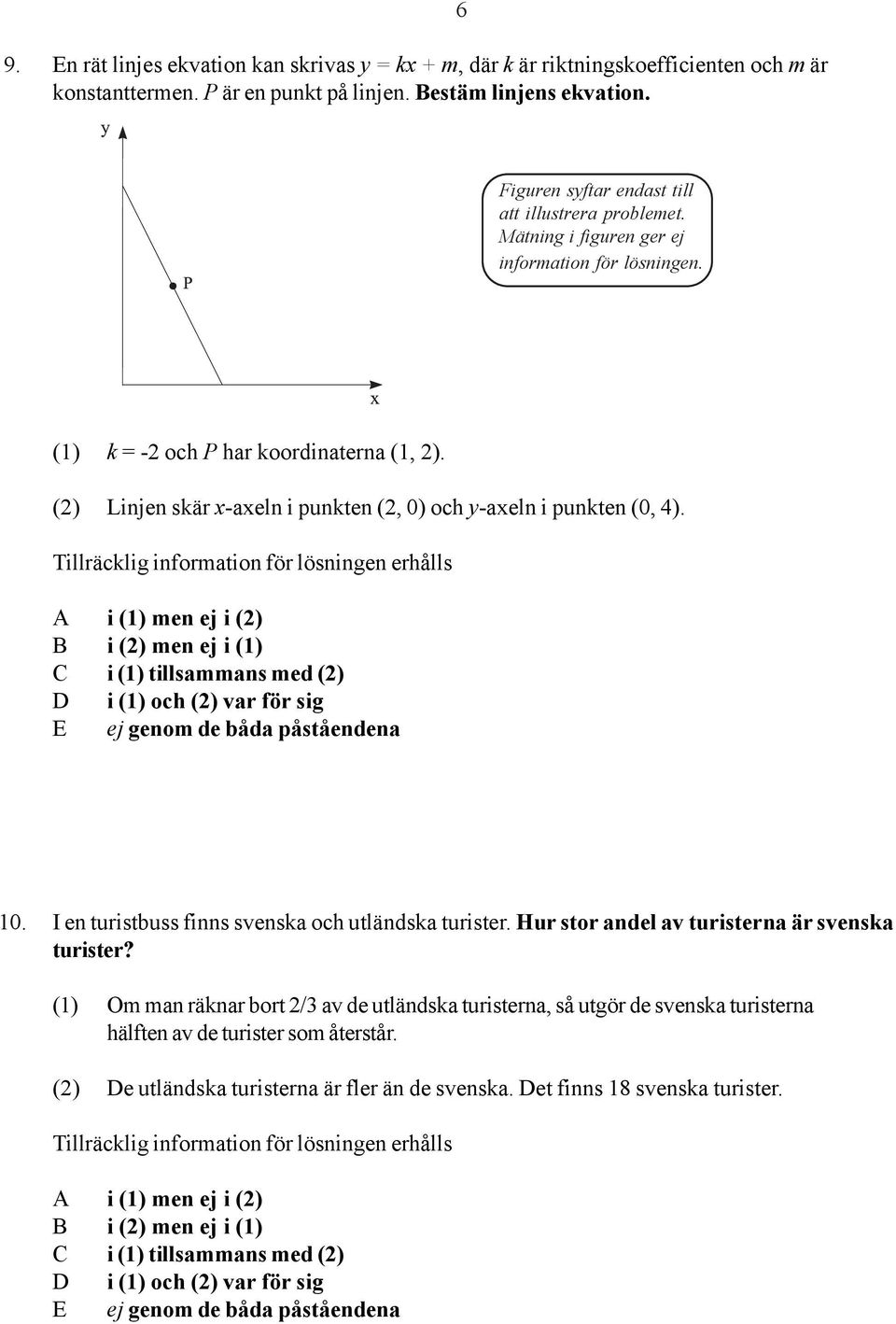 (2) Linjen skär x-axeln i punkten (2, 0) och y-axeln i punkten (0, 4). 10. I en turistbuss finns svenska och utländska turister.