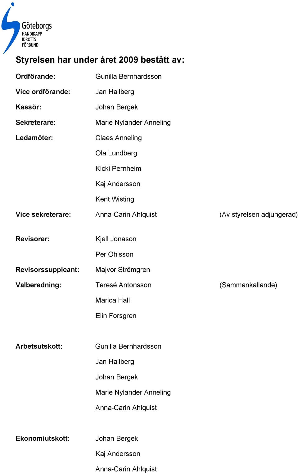 Revisorer: Kjell Jonason Per Ohlsson Revisorssuppleant: Majvor Strömgren Valberedning: Teresé Antonsson (Sammankallande) Marica Hall Elin Forsgren