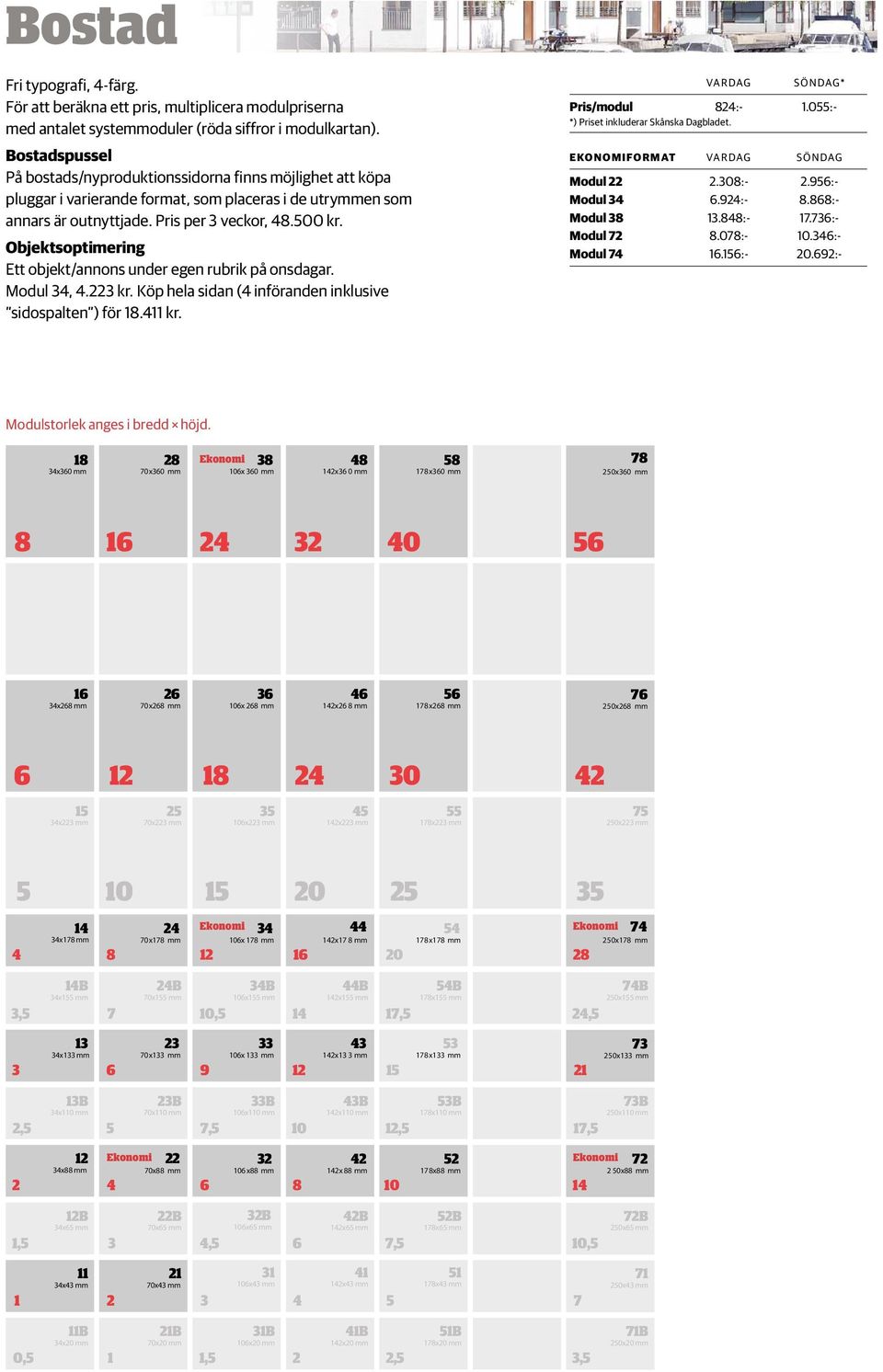 Objektsoptimering Ett objekt/annons under egen rubrik på onsdagar. Modul 34, 4.223 kr. Köp hela sidan (4 införanden inklusive "sidospalten") för 18.4 kr. vardag SÖNDAG* Pris/modul 824:- 1.