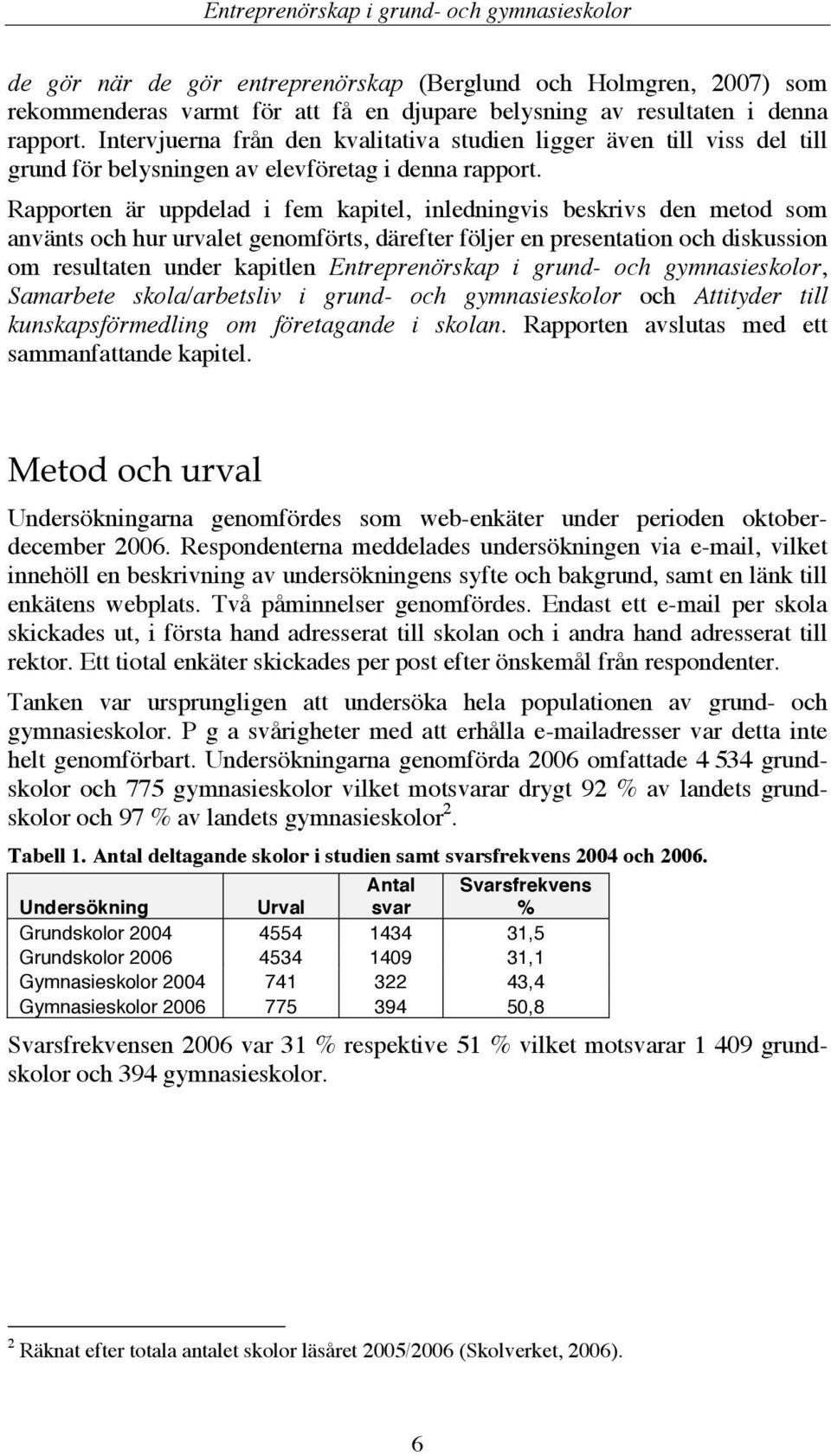 Rapporten är uppdelad i fem kapitel, inledningvis beskrivs den metod som använts och hur urvalet genomförts, därefter följer en presentation och diskussion om resultaten under kapitlen