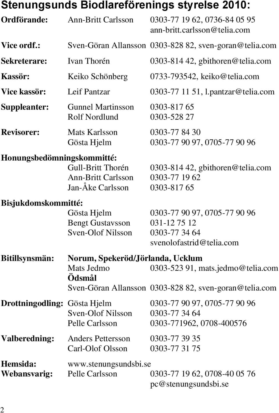 com Suppleanter: Gunnel Martinsson 0303-817 65 Rolf Nordlund 0303-528 27 Revisorer: Mats Karlsson 0303-77 84 30 Gösta Hjelm 0303-77 90 97, 0705-77 90 96 Honungsbedömningskommitté: Gull-Britt Thorén