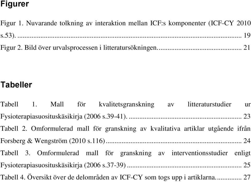 Mall för kvalitetsgranskning av litteraturstudier ur Fysioterapiasuosituskäsikirja (2006 s.39-41).... 23 Tabell 2.