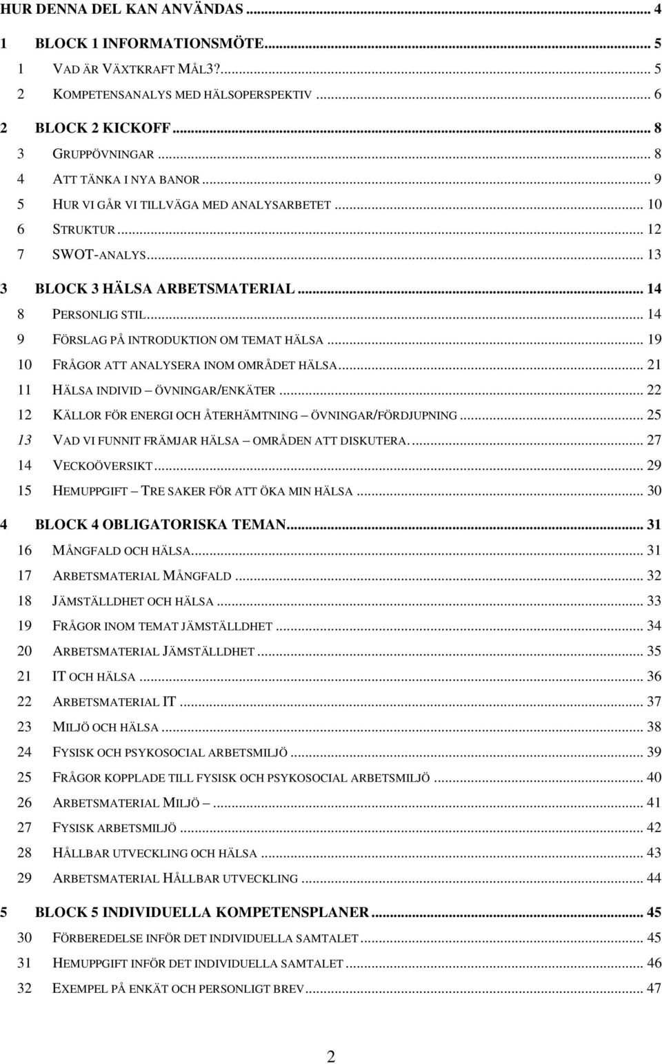 .. 14 9 FÖRSLAG PÅ INTRODUKTION OM TEMAT HÄLSA... 19 10 FRÅGOR ATT ANALYSERA INOM OMRÅDET HÄLSA... 21 11 HÄLSA INDIVID ÖVNINGAR/ENKÄTER... 22 12 KÄLLOR FÖR ENERGI OCH ÅTERHÄMTNING ÖVNINGAR/FÖRDJUPNING.