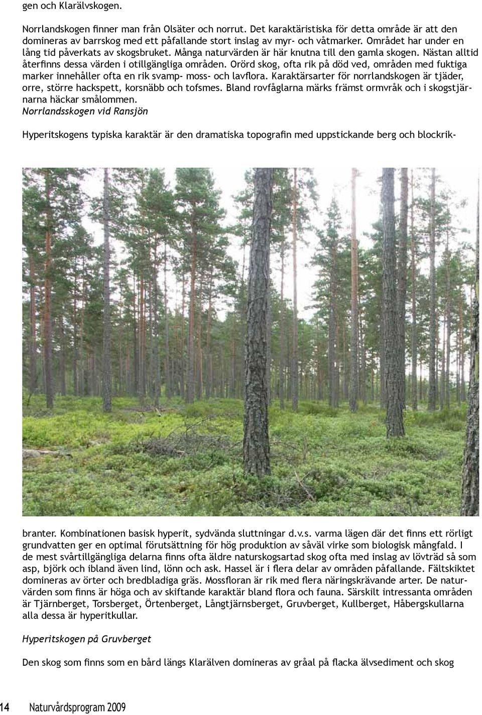 Orörd skog, ofta rik på död ved, områden med fuktiga marker innehåller ofta en rik svamp- moss- och lavflora. Karaktärsarter för norrlandskogen är tjäder, orre, större hackspett, korsnäbb och tofsmes.