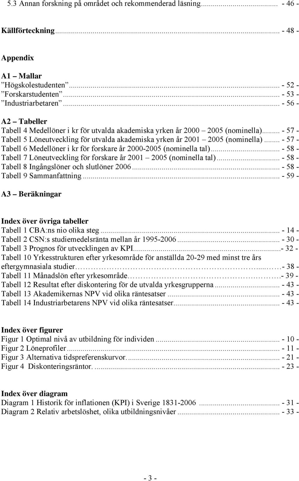 .. - 57 - Tabell 6 Medellöner i kr för forskare år 2000-2005 (nominella tal)... - 58 - Tabell 7 Löneutveckling för forskare år 2001 2005 (nominella tal).