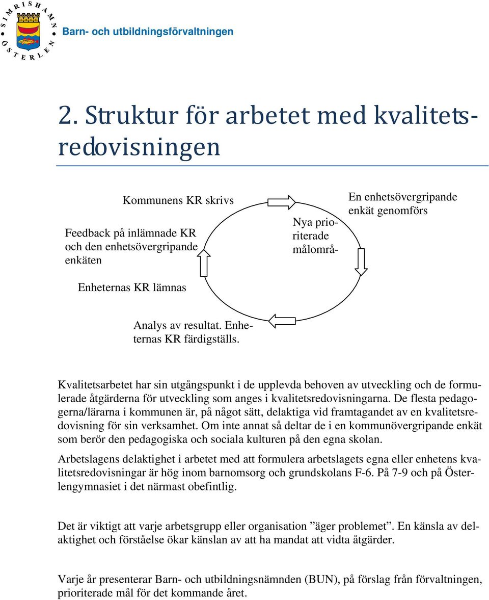 Kvalitetsarbetet har sin utgångspunkt i de upplevda behoven av utveckling och de formulerade åtgärderna för utveckling som anges i kvalitetsredovisningarna.