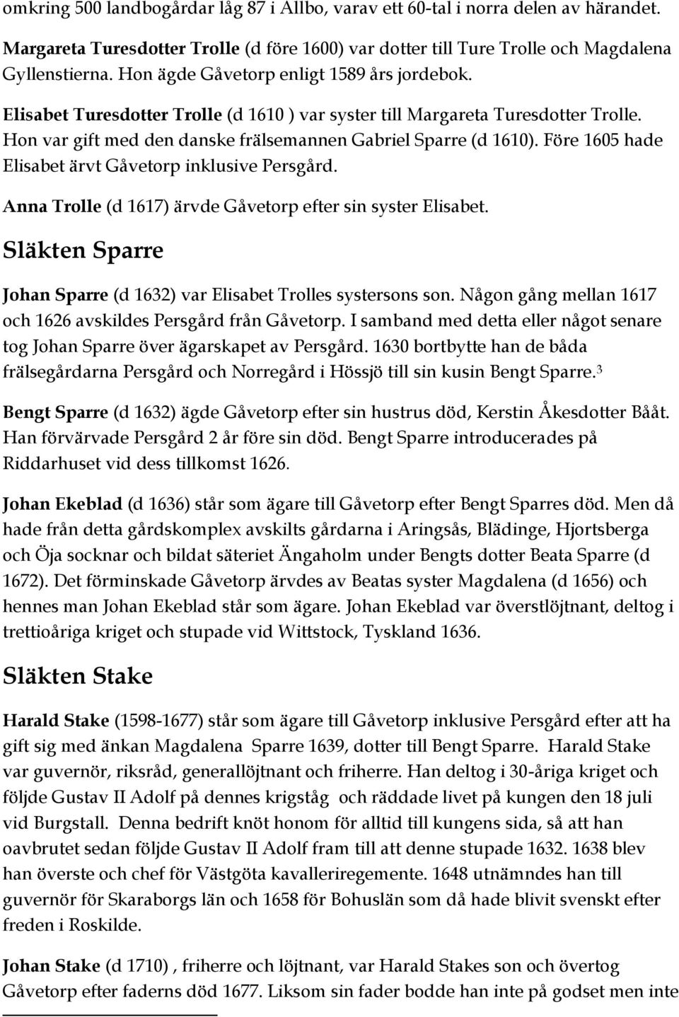 Före 1605 hade Elisabet ärvt Gåvetorp inklusive Persgård. Anna Trolle (d 1617) ärvde Gåvetorp efter sin syster Elisabet. Släkten Sparre Johan Sparre (d 1632) var Elisabet Trolles systersons son.