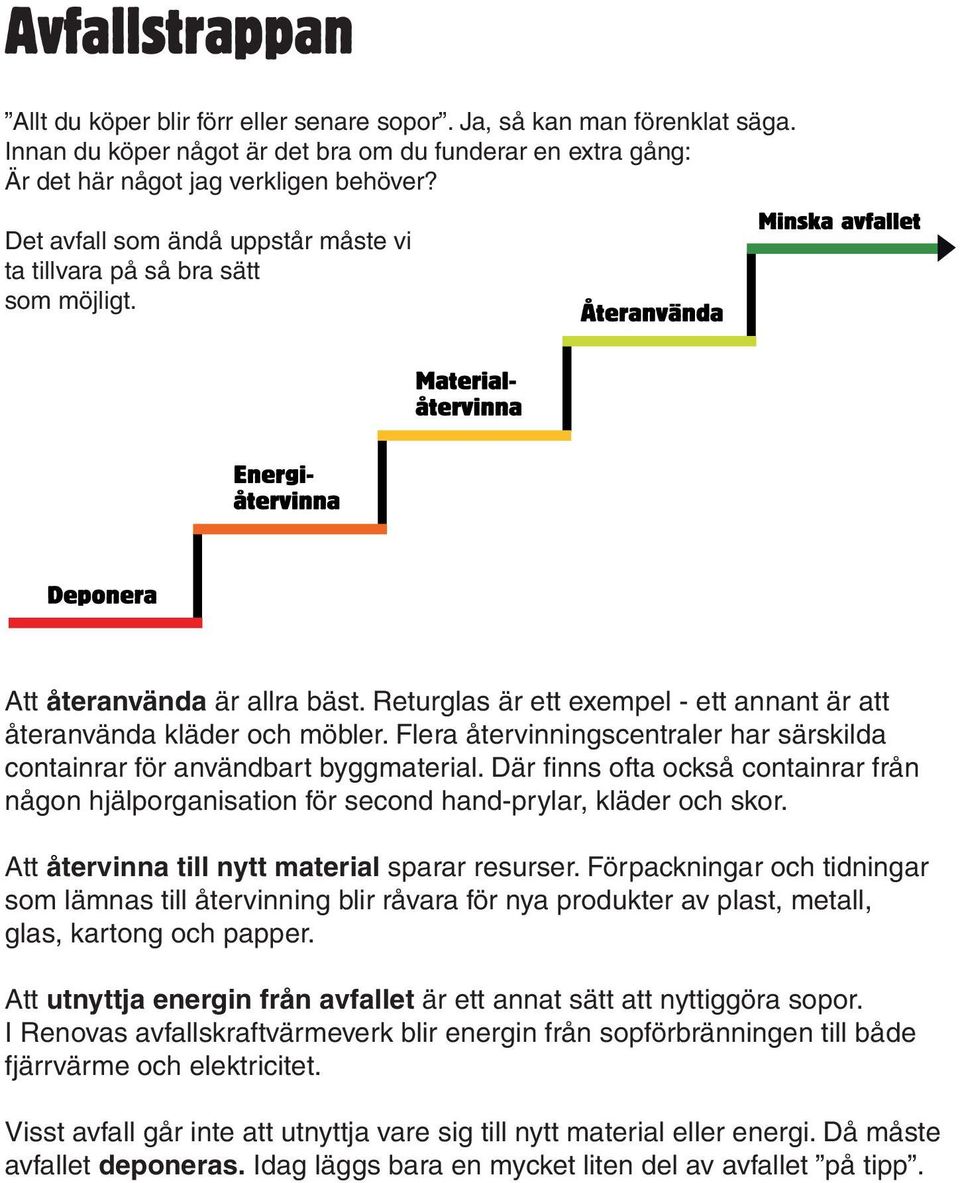 Flera återvinningscentraler har särskilda containrar för användbart byggmaterial. Där finns ofta också containrar från någon hjälporganisation för second hand-prylar, kläder och skor.