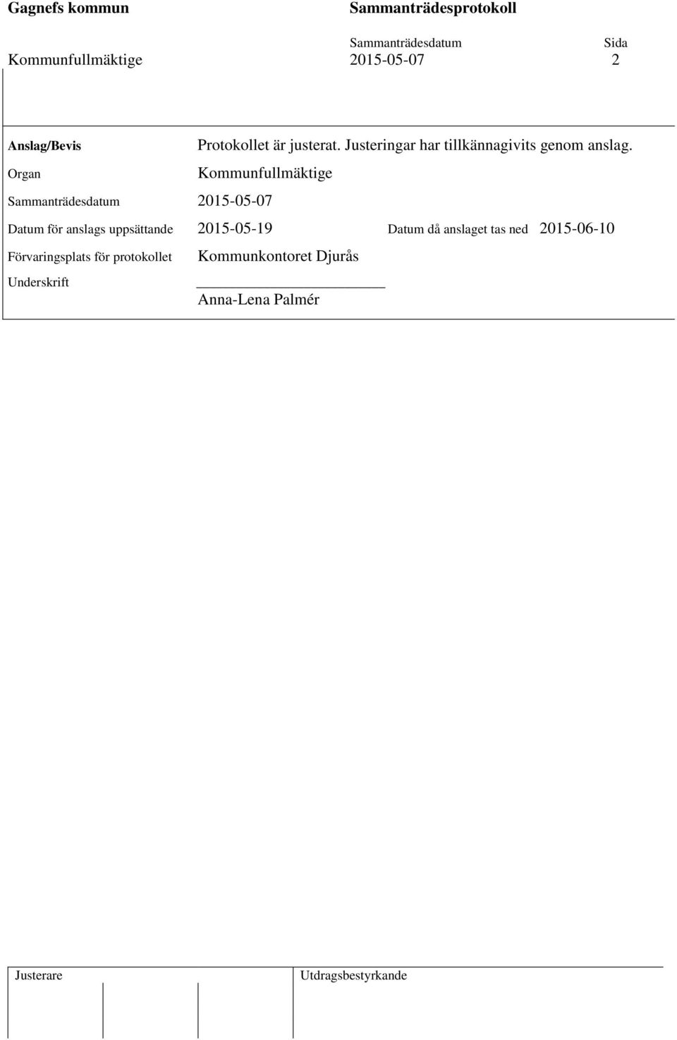 Kommunfullmäktige 2015-05-07 Datum för anslags uppsättande 2015-05-19 Datum