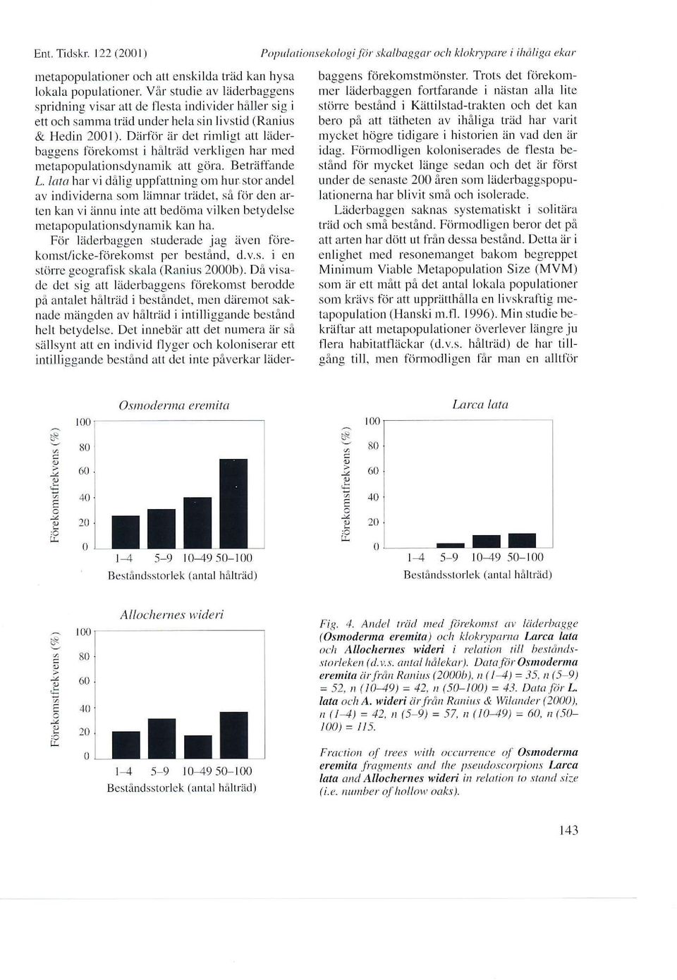 Dä1ijr tu det rimligt att läderbaggens förekomst i hålträd verkligen har med metapopulationsdynamik att göm. Beträflande l. lata har vi dålig uppfättning om hur.