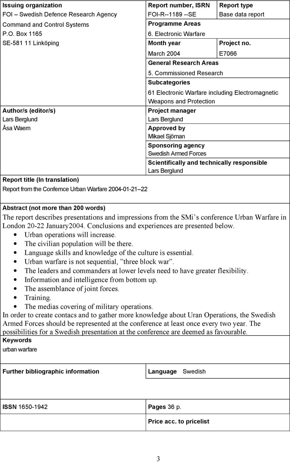 -R--1189 --SE Base data report Command and Control Systems P.O.