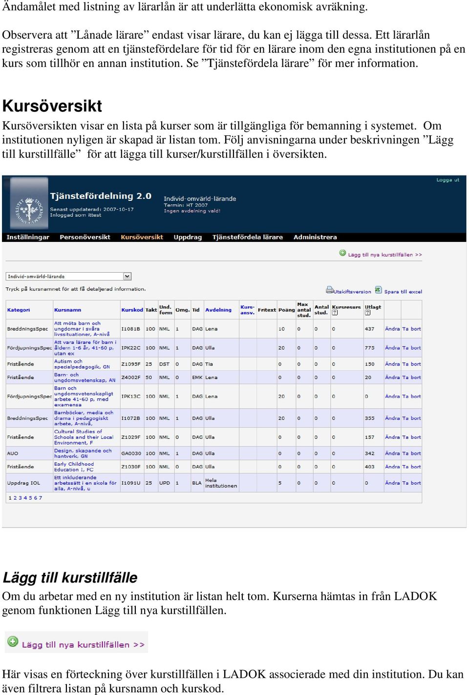 Kursöversikt Kursöversikten visar en lista på kurser som är tillgängliga för bemanning i systemet. Om institutionen nyligen är skapad är listan tom.